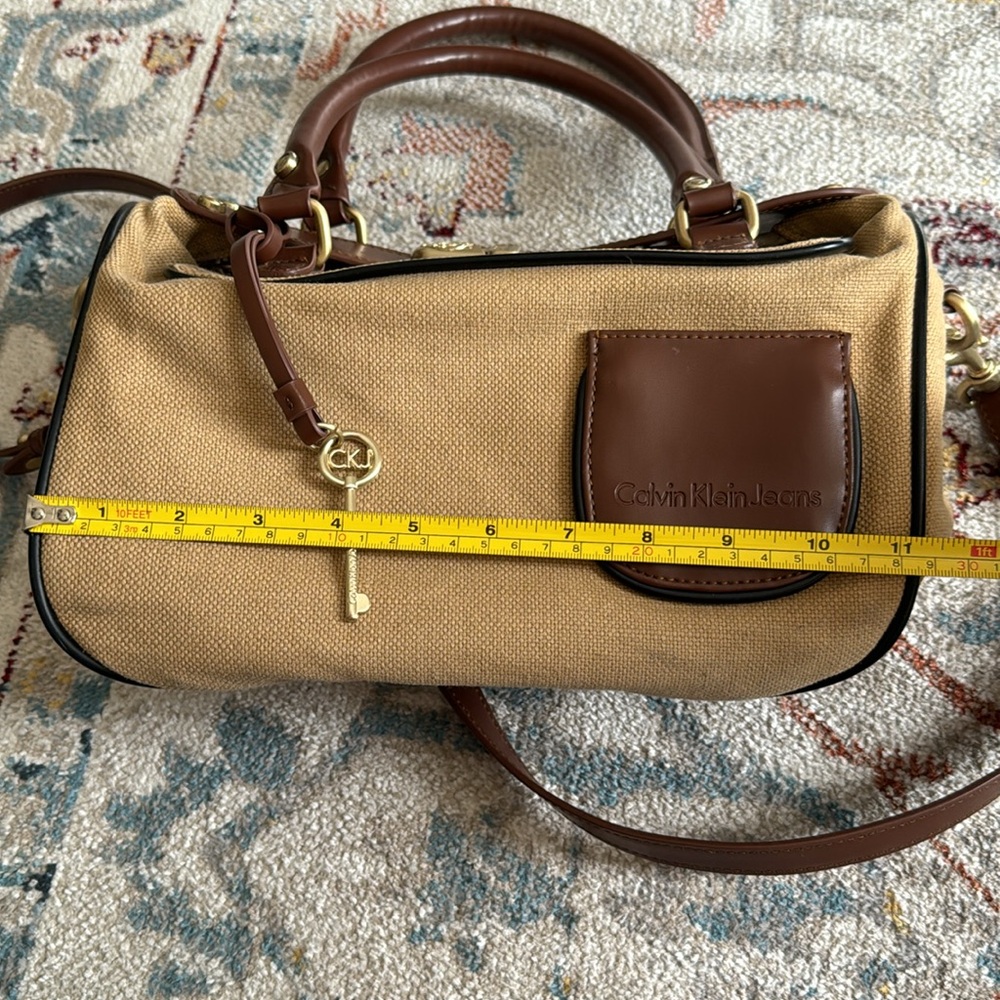 Calvin Klein Canvas & Leather Lock & Key Satchel Shoulder Bag Brown - Picture 12 of 14